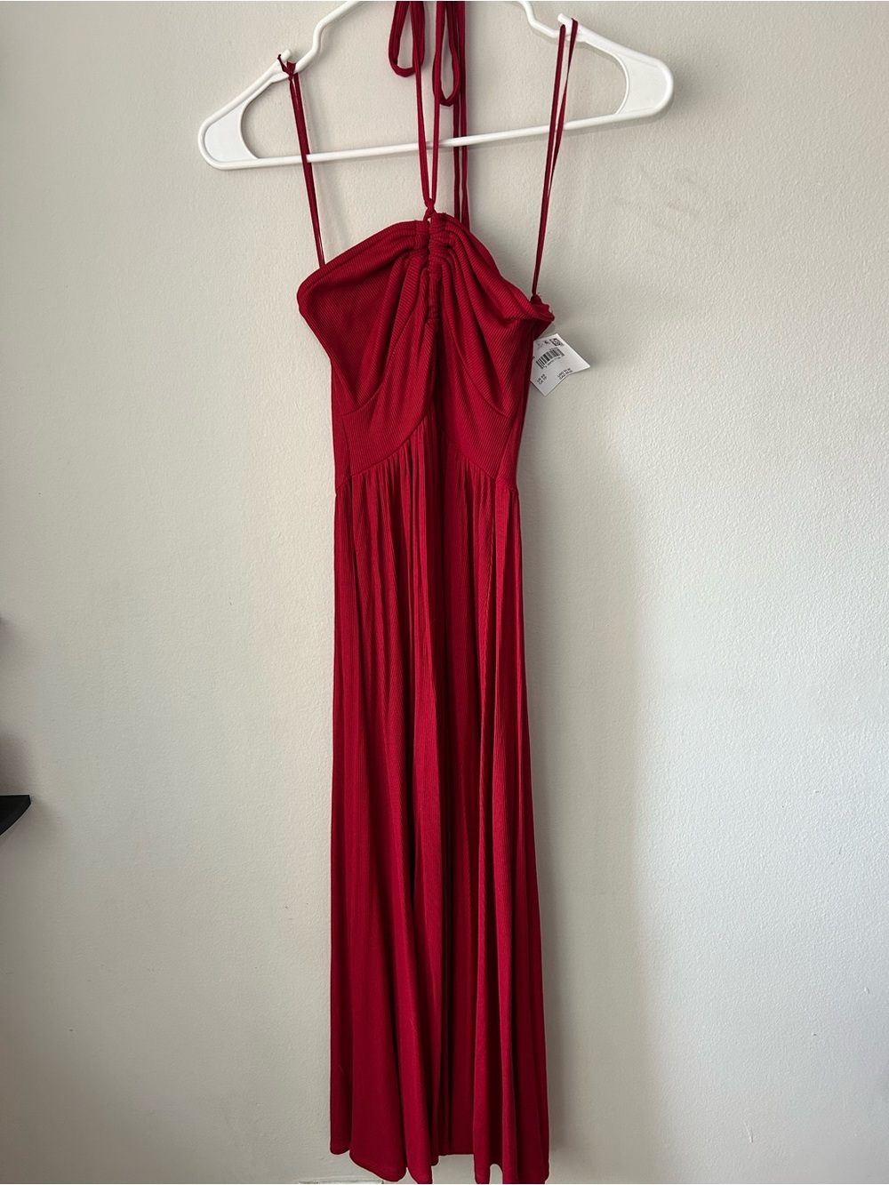AE Red Ribbed Keyhole Halter Midi Dress with - Picture 3 of 6